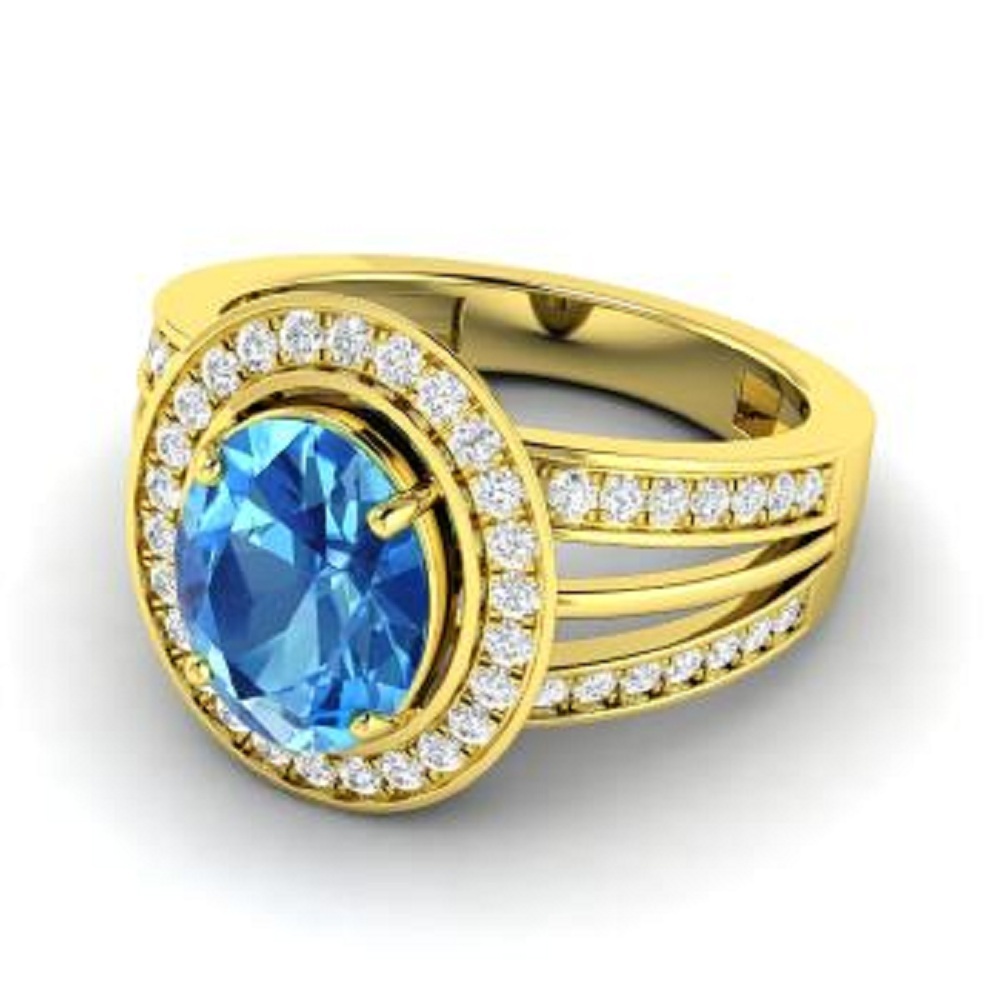 14K Yellow GP Oval Shape Blue Topaz Stone Solitaire Engagement Wedding Ring