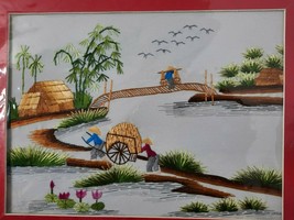 Embroidery Field Workers Village Landscape Picture Art - $49.99