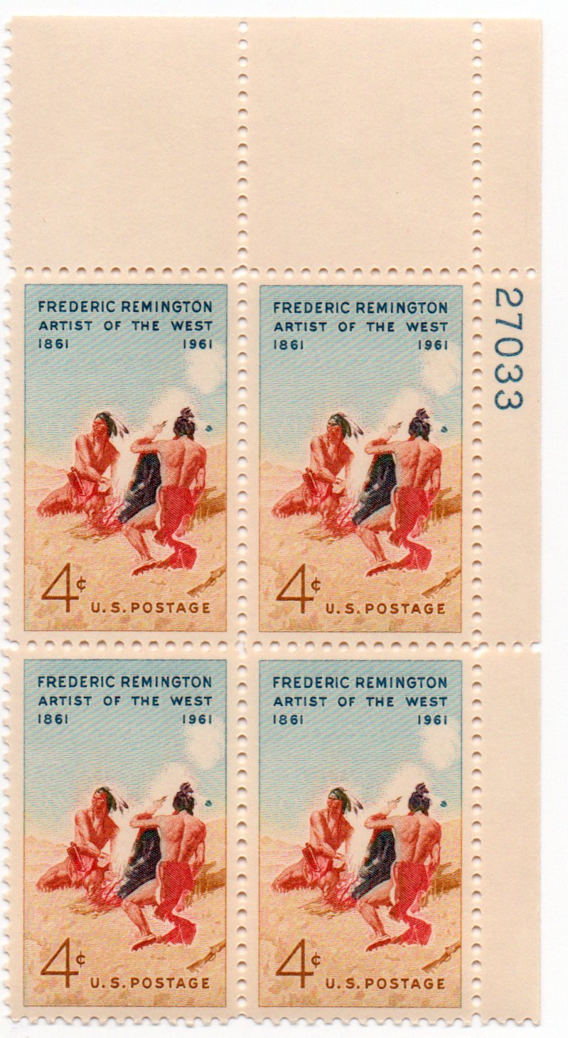 1961 Frederic Remington Plate Block of 4 US Stamps Catalog Number 1187