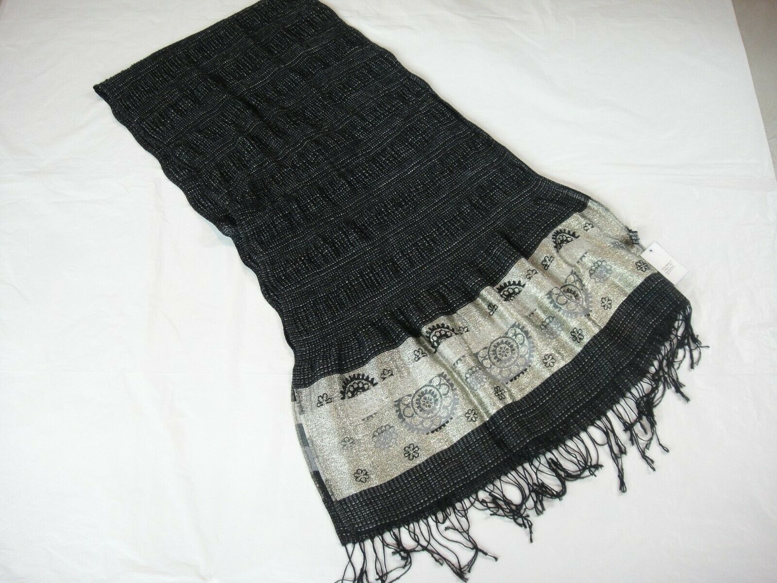Primary image for ViVi Designs Black and Gold Scarf 74" Long 16-27" Wide Stripes Flowers NWT