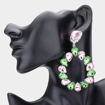 Big Pink and Green Teardrop Crystal Dangle Earrings Two Tone Statement Jewelry - $33.66