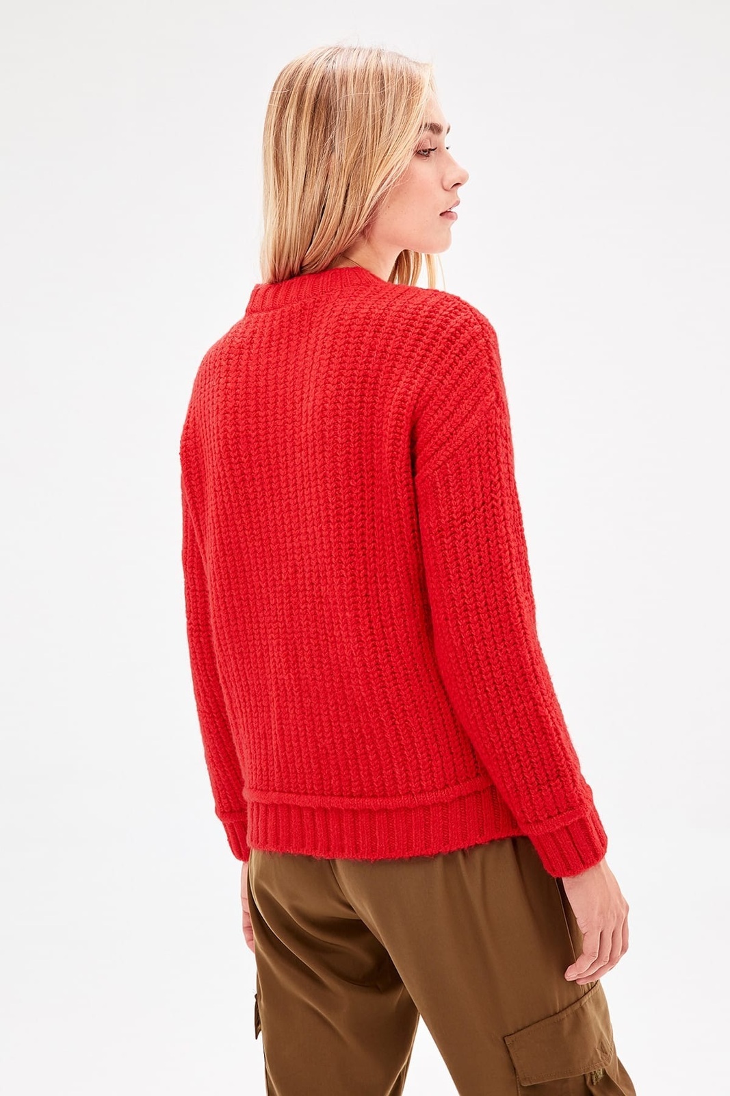 New red cable knit crewneck sweater knitted women jumper warm casual ...