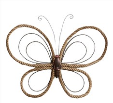 Butterfly Wall Plaque With Brown Hemp Rope Metal Wing Accents 28" Wide Nautical