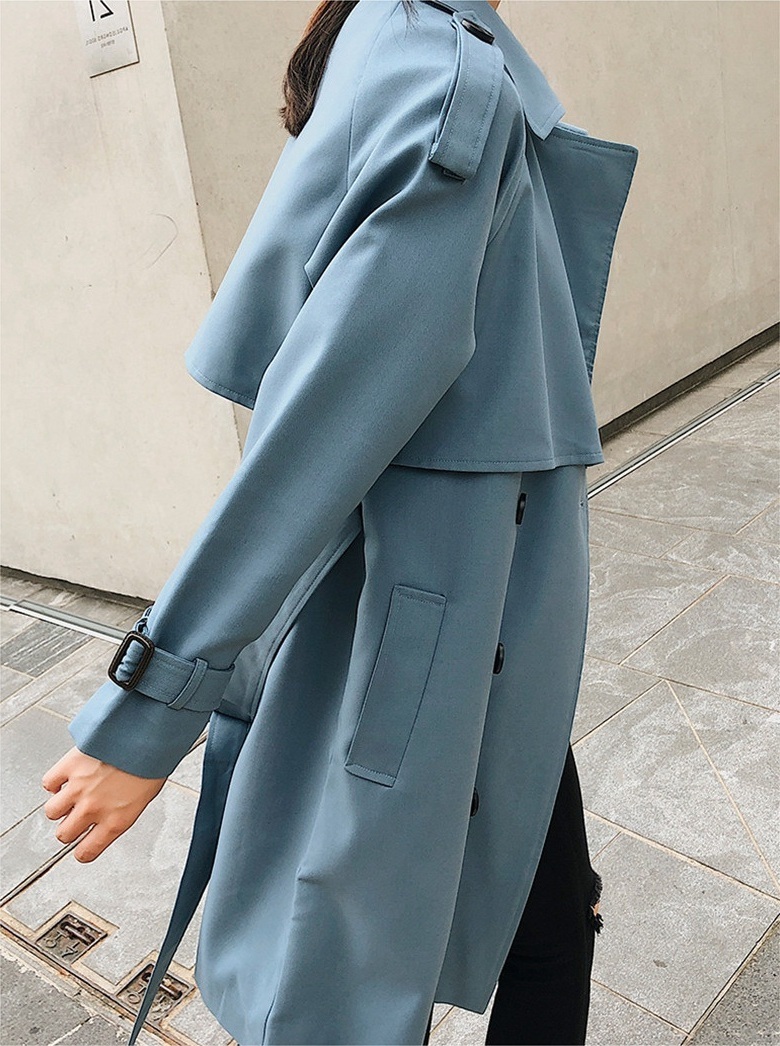 New light blue double breasted knee length women trench coat with