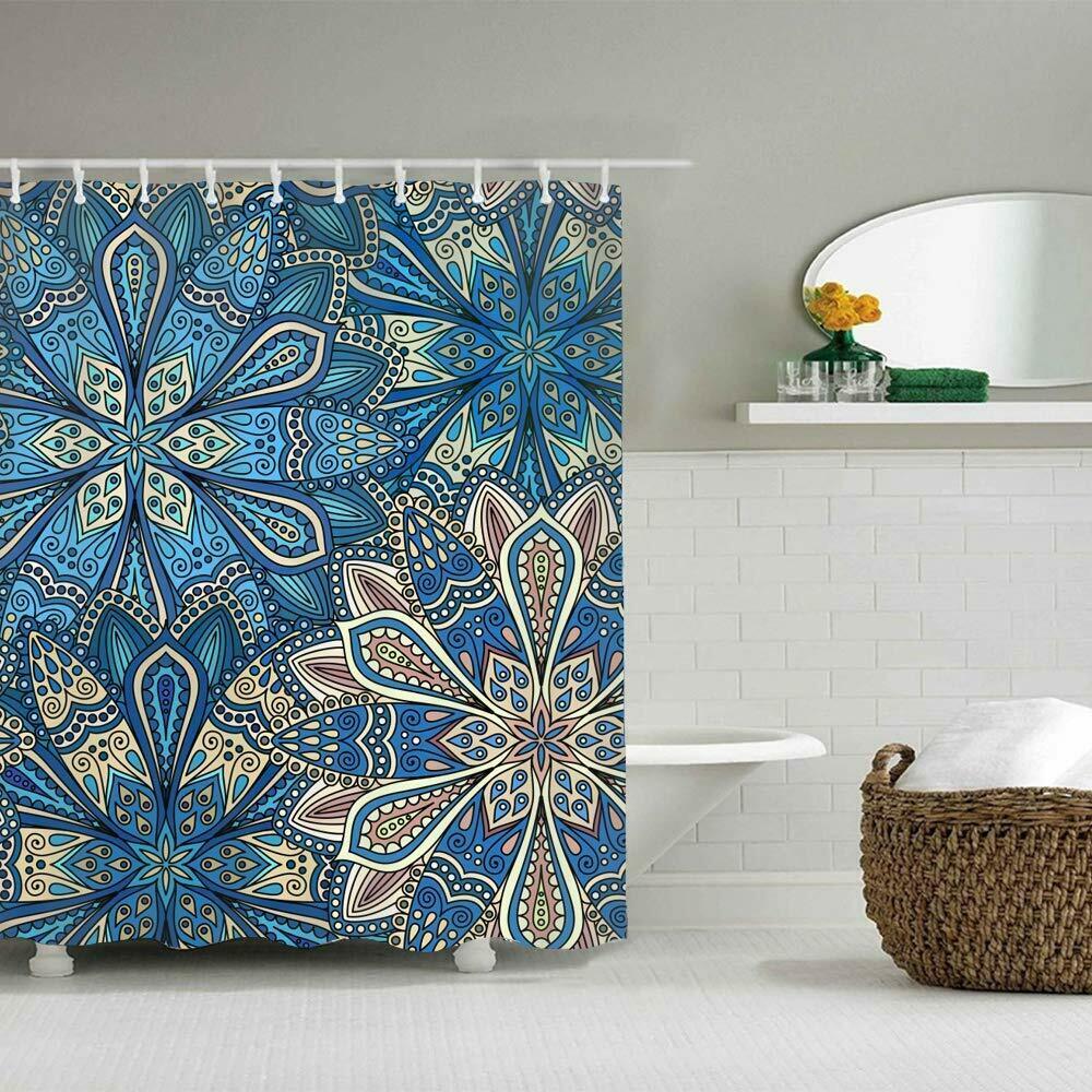 Blue Floral Geometric Boho Bohemian Water Repellent Fabric Shower