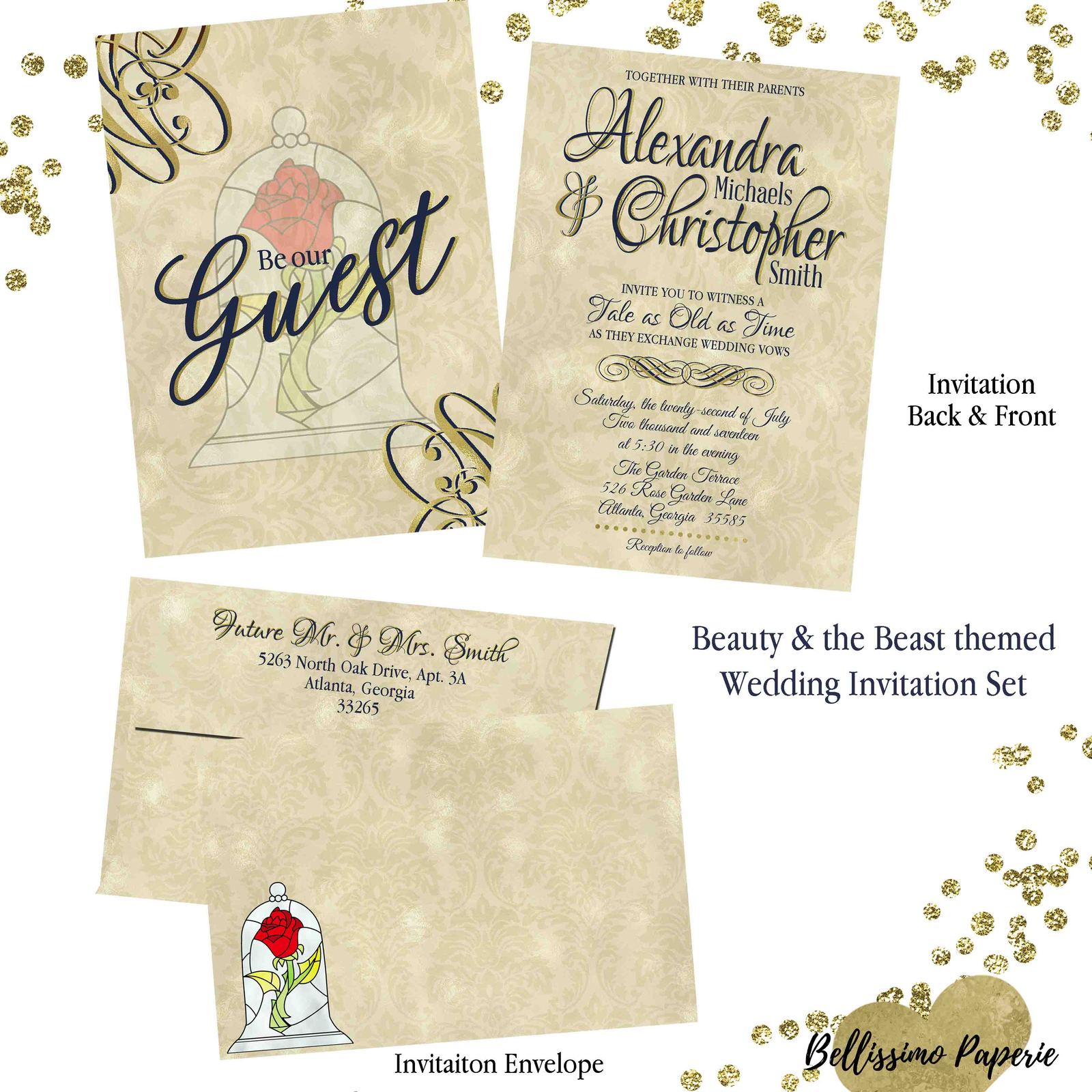 Beauty and the Beast Wedding invitation Set with matching Envelope Navy Gold