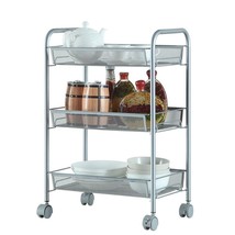 Metal Mesh Storage Rolling Cart with 3 Tier Shelf Trolley Home Office Or... - $39.99