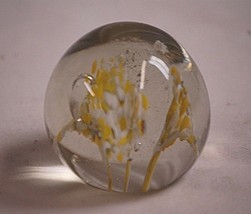 Vintage Studio Art Glass Paperweight Yellow White Flowers Sphere Shaped ... - $19.79