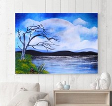 Moonlight mountain lake painting, moon love, lake painting - $236.00