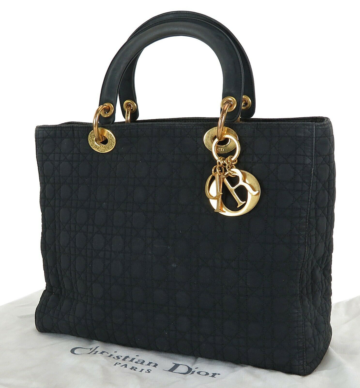 Authentic CHRISTIAN DIOR Black Quilted Nylon Lady Dior Hand Bag Purse 33632 Women's Handbags