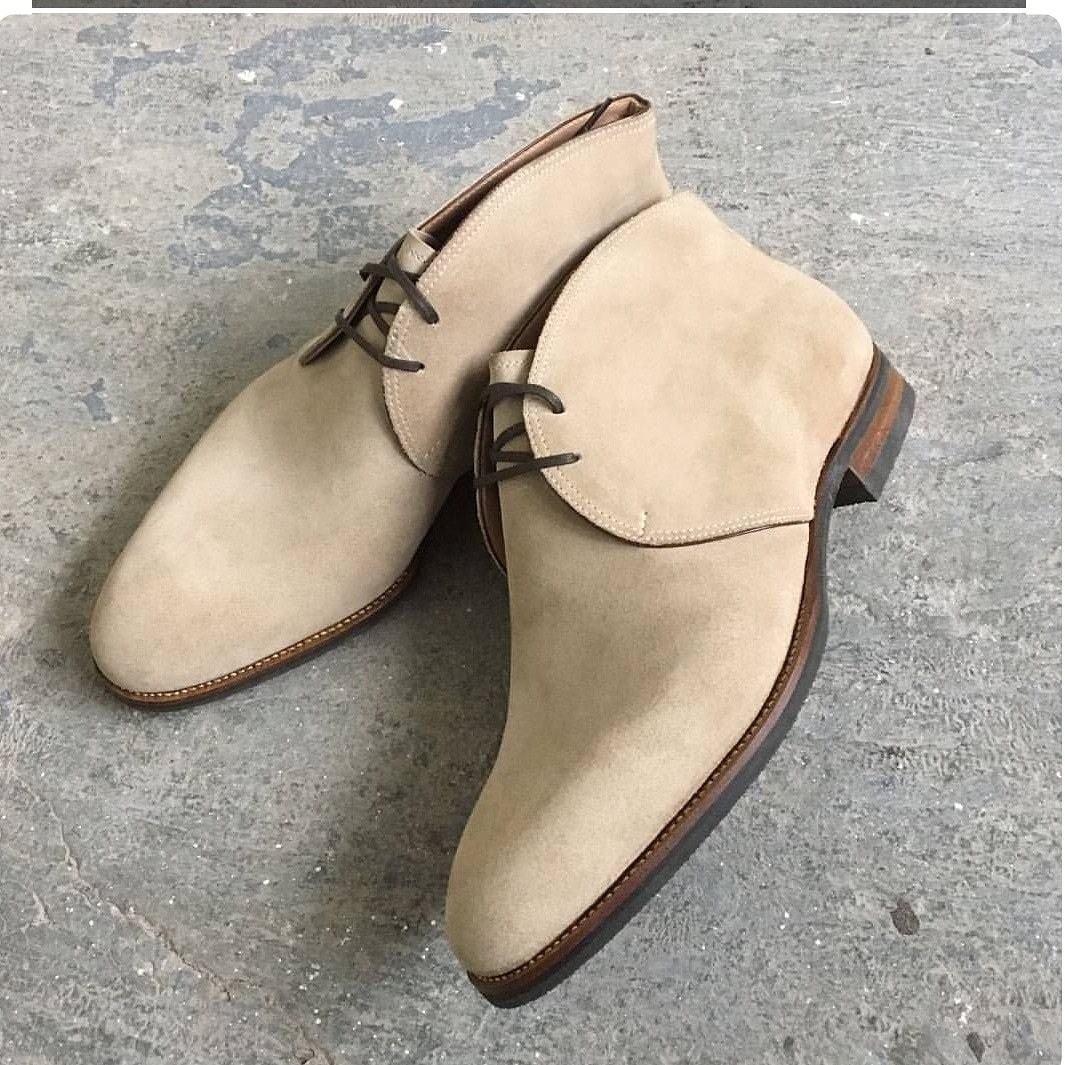 Men's Chukka Ankle Suede Leather Beige Color Derby Rounded Toe Handcrafted Boots