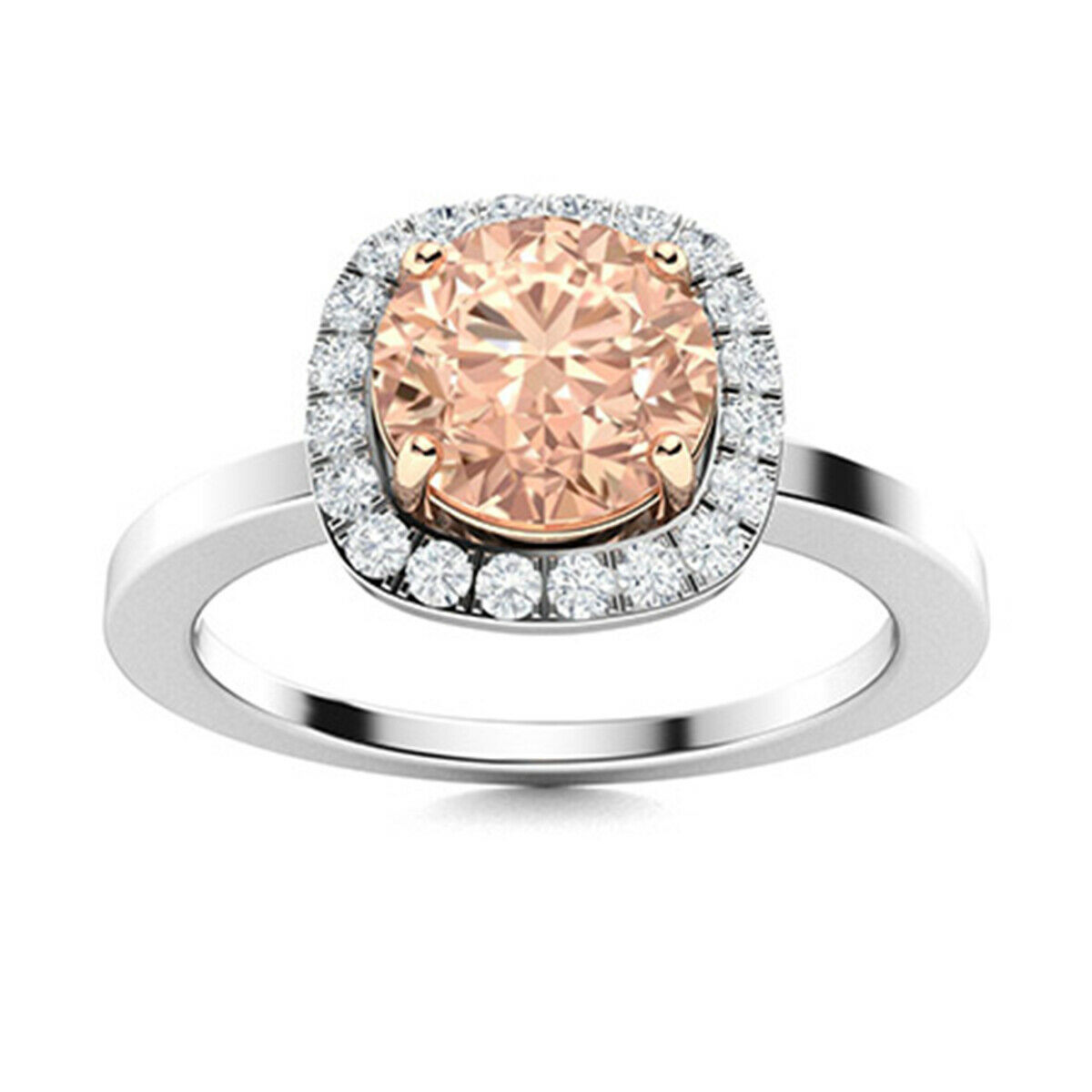 0.75 Ctw Round Morganite 10K White Gold Cushion Halo Accents Ring
