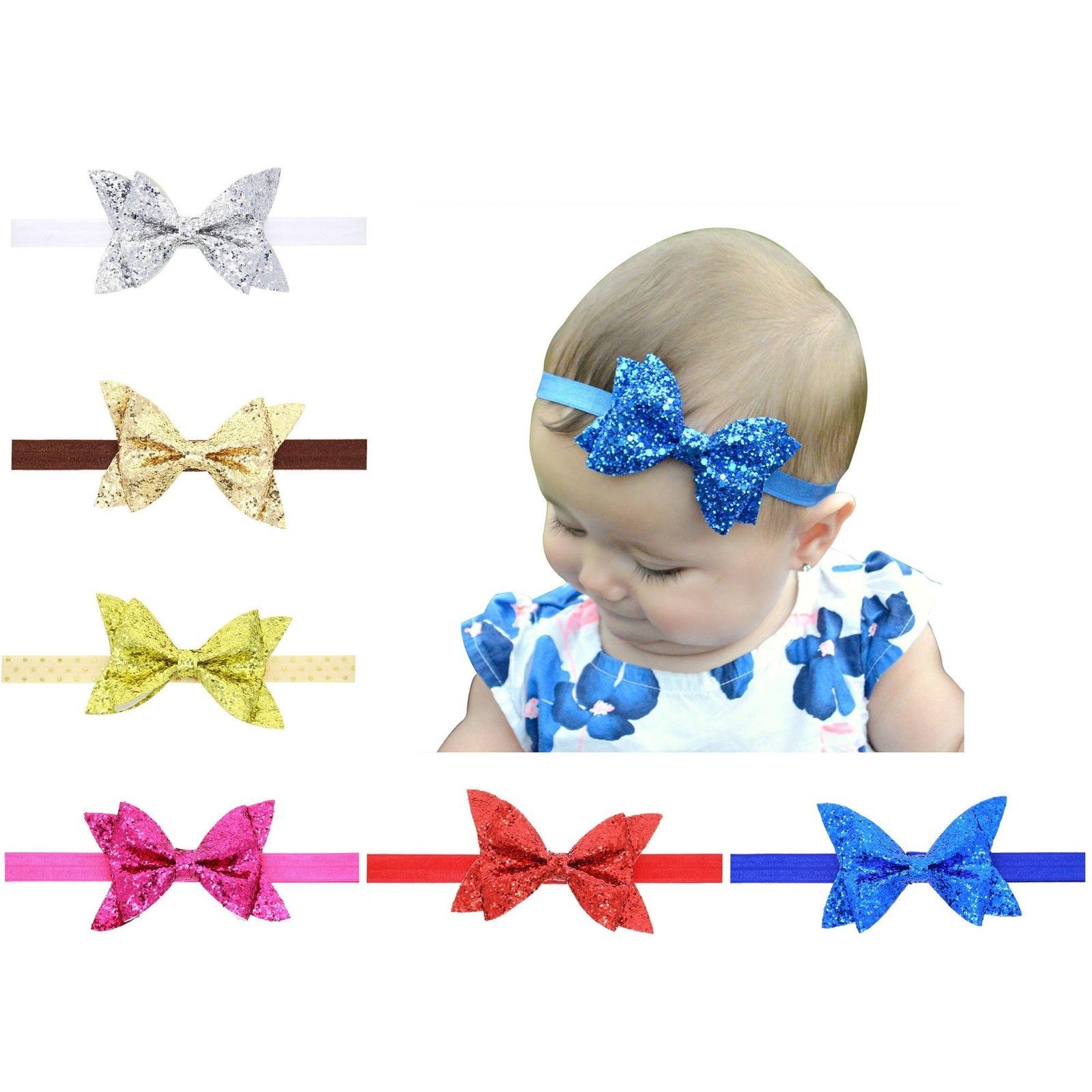 6 PCS/Lot 4" Glitter Sequin Bow Headbands Hair Bands Baby Girl Toddlers Kids Hair Accessories