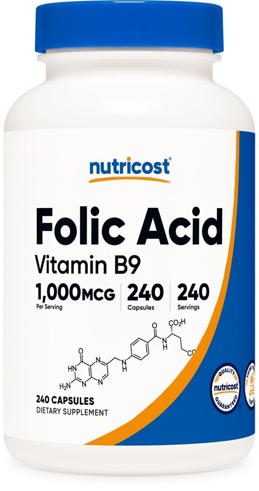 Folic Acid 1000 mcg 240 Caps Gluten Free/Non-GMO Folate 1700mcg Nutricost