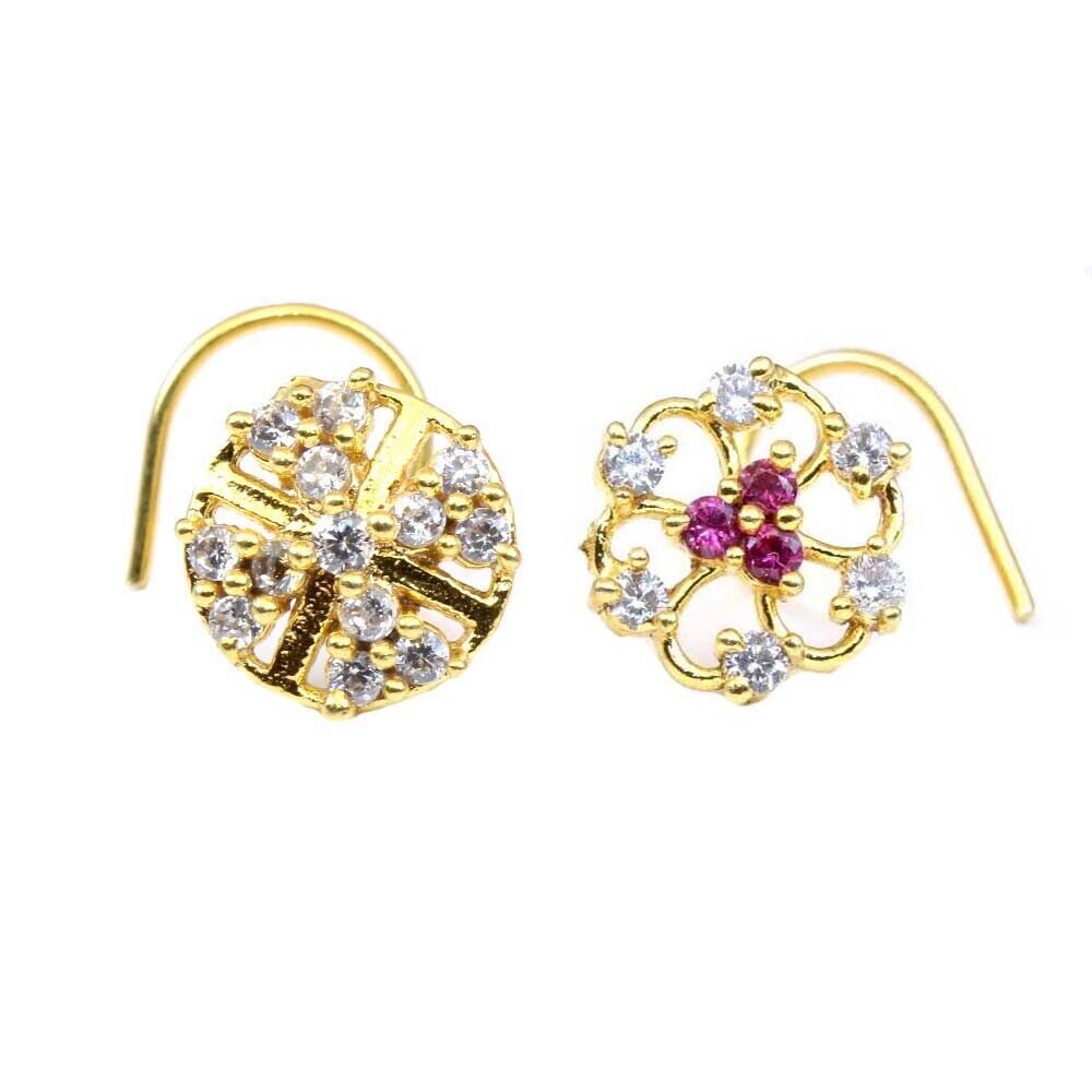 2pc Set Gold Plated Indian Nose Studs Round Clear CZ Twist piercing nose ring