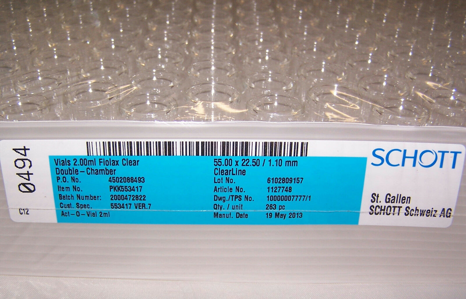 Schott 2.0 mL Fiolax Glass Lab Vials Double Chamber Clear 263 Pc
