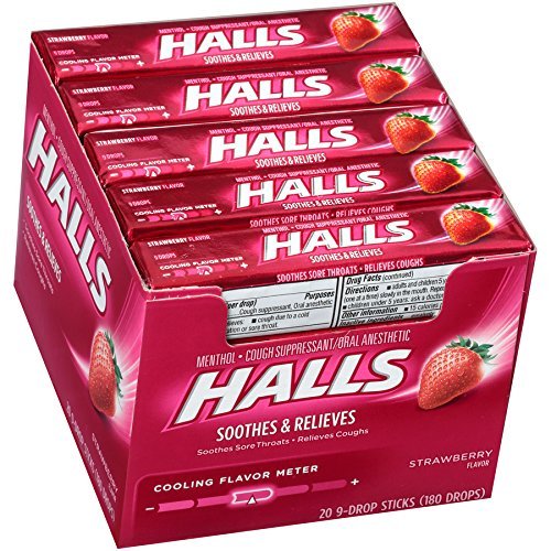 Halls Strawberry Cough Drops with Menthol 180 Drops 20 sticks of 9