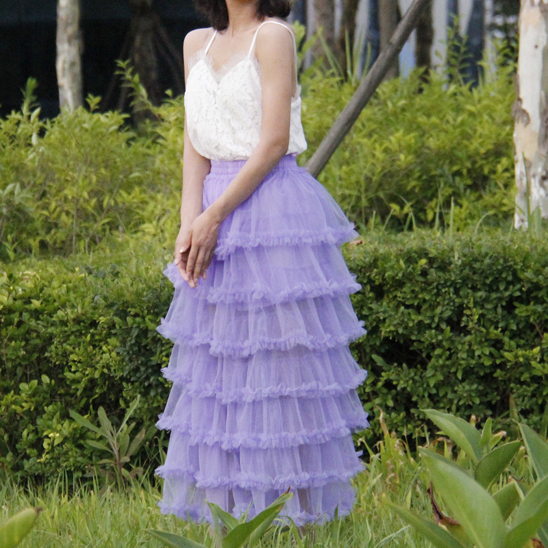 Women Purple Layered Tulle Skirt Outfit Plus Size Romantic Wedding Party Outfit