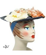 Vintage 40s 50s Navy Blue Flowered Platter Hat - 12&quot; Wide w Wired Brim -... - $48.00