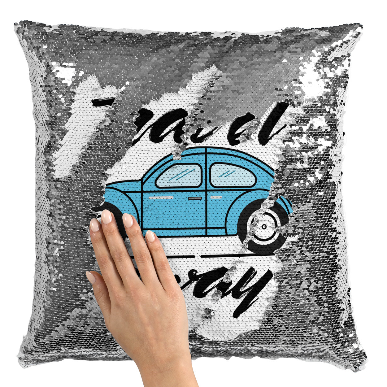 Sequin Pillow With Stuffing Travel Away Volkswagon Blue Beetle Pillow