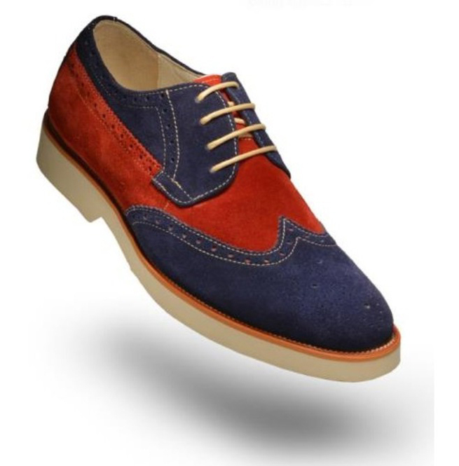 Mens Handmade Two Tone Navy Blue Red Suede Leather Tan Sole Lace Up Shoes