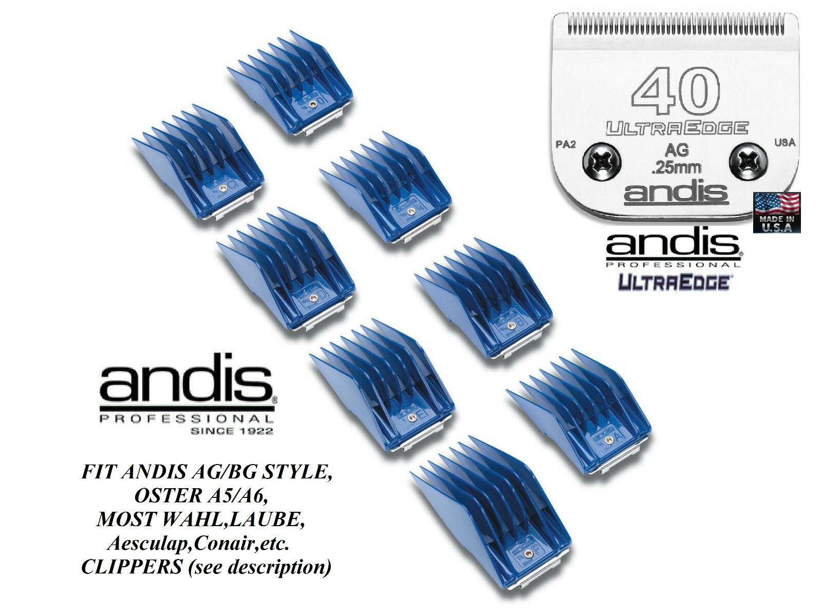 ANDIS 8 Guide ATTACHMENT COMB&ULTRAEDGE 40 BLADE SET*Fit Many Oster,Wahl Clipper