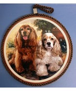 1 WALL ROUND PLAQUE w/cork back, 7&quot;, 2 DOGS POSSING FOR PICTURE, brown - $10.88