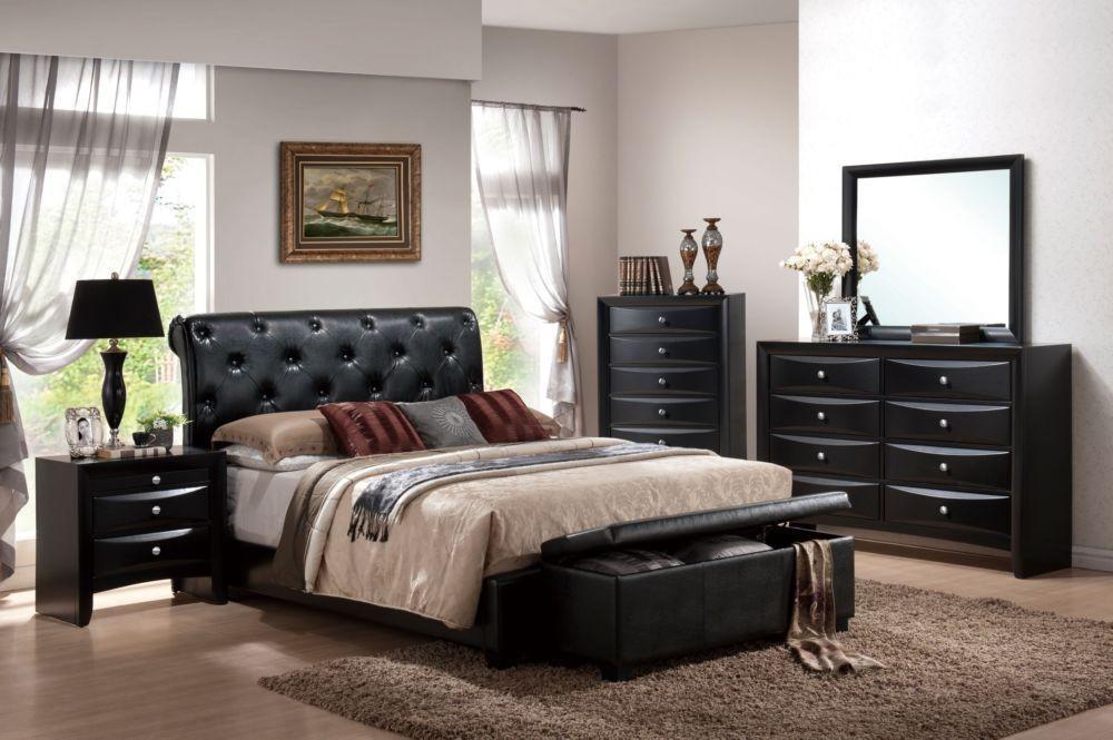 Poundex F9157EK 4 Pieces Black Faux Leather Eastern King Bed Room Set