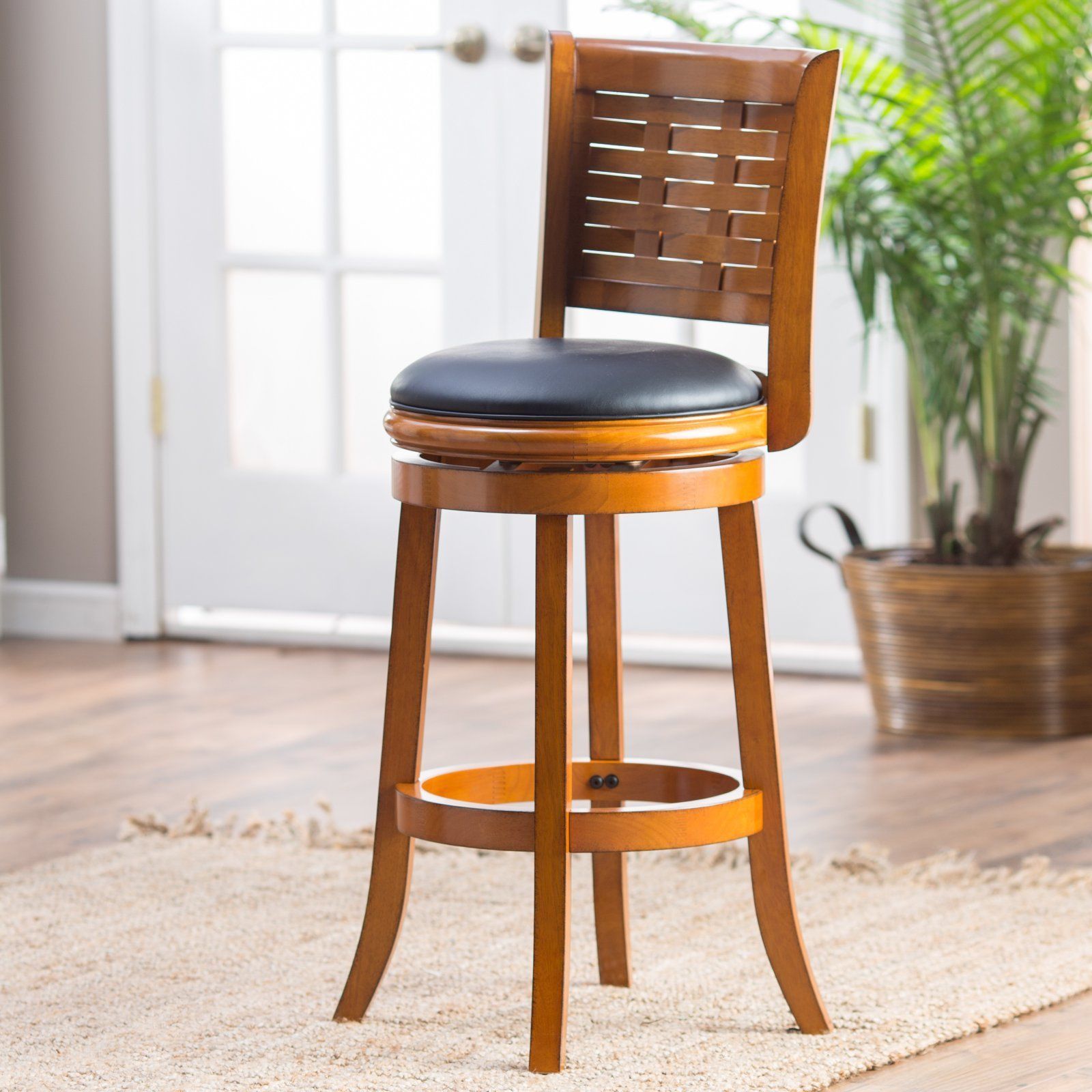 Traditional Oak Finish Wood Faux Leather 24" Seat Swivel Counter Stool