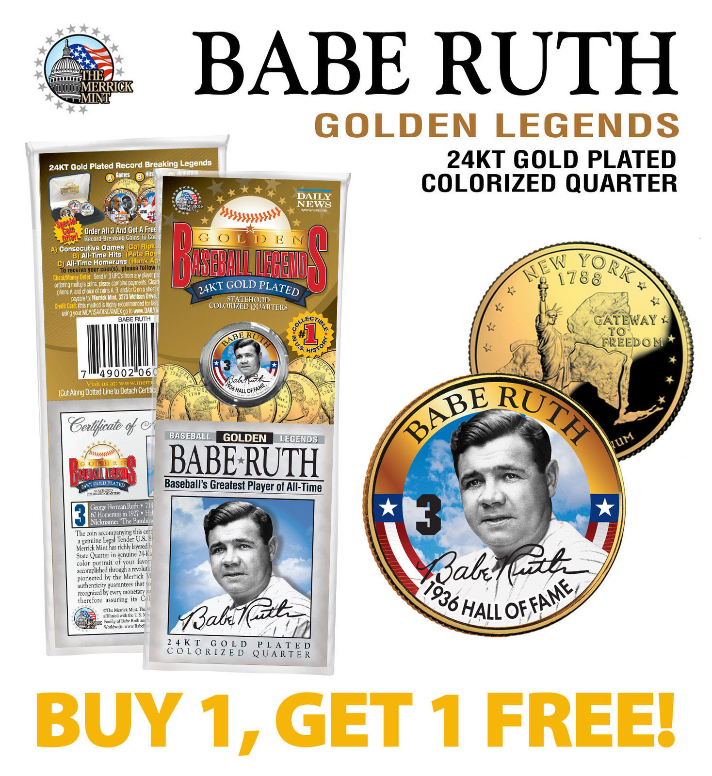 Primary image for BABE RUTH Yankees #3 Golden Legends 24K Gold Plated State...