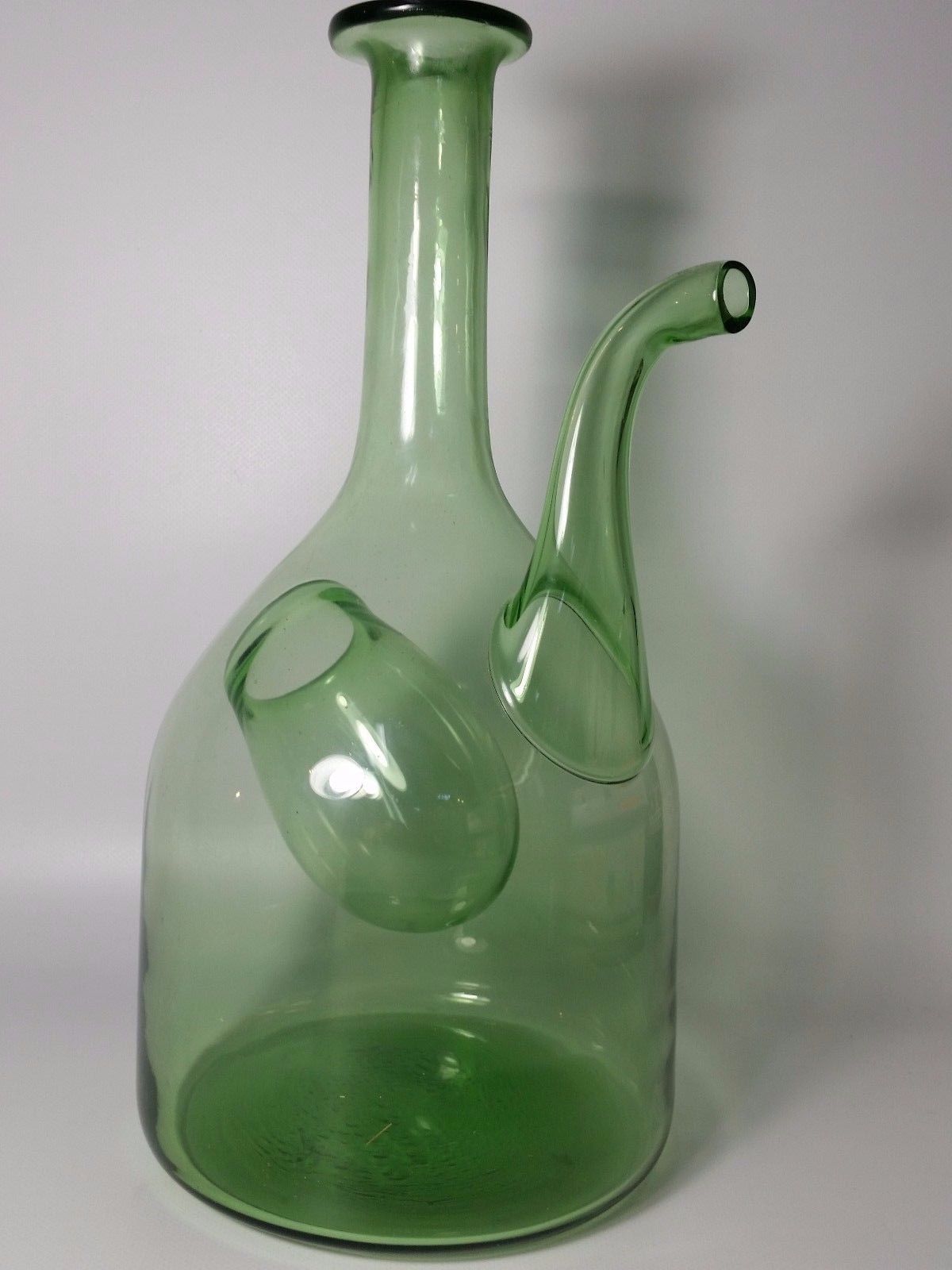 Vintage 1960's Handblown Green Glass Porron Wine Pitcher Jug with Ice