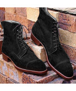 Handmade Men&#39;s Black Suede High Ankle Lace Up Long Boot - $159.99