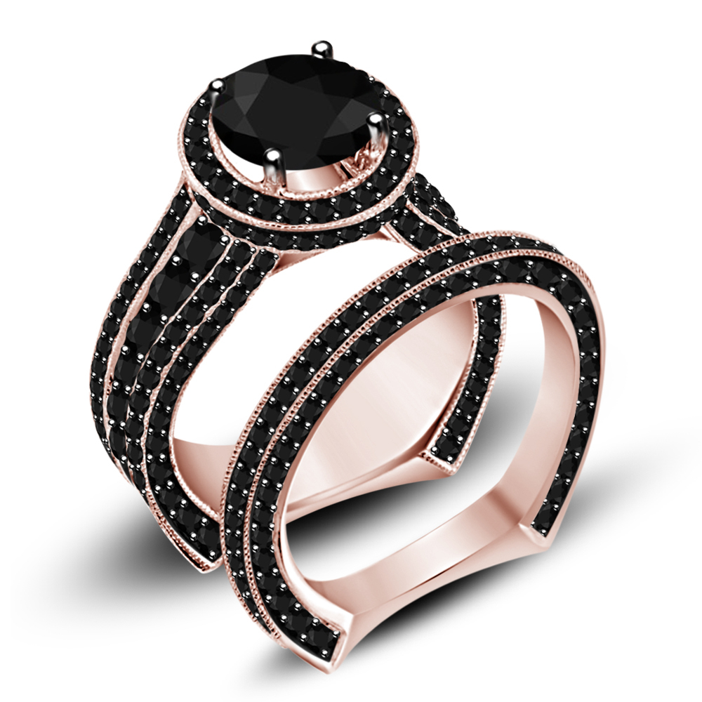 Black Diamond Womens Wedding Bridal Ring Set 14k Rose Gold Over 925 Solid Silver Cz