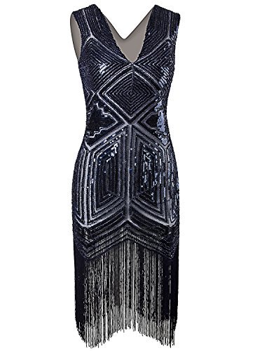 VIJIV Vintage 1920s Dress Flapper Costume Black Sequin Fringe Party ...