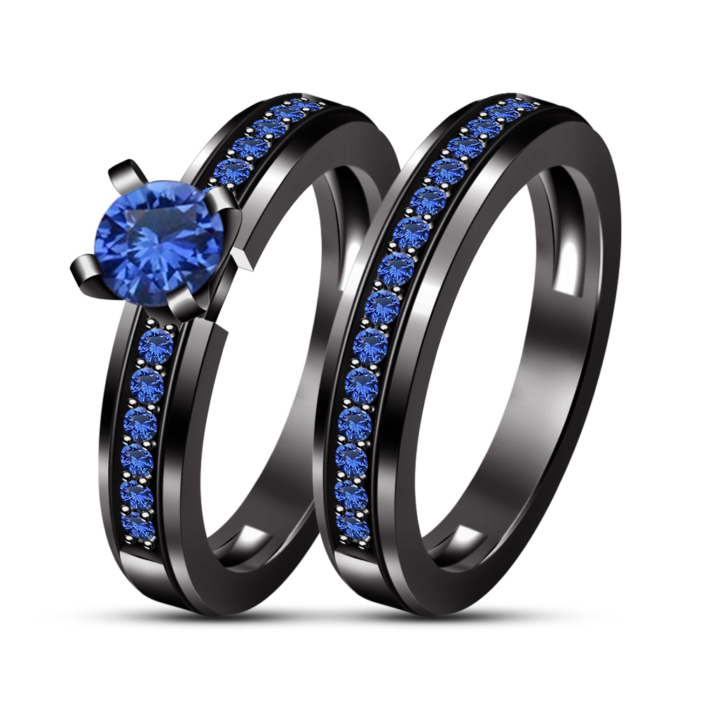 Women's Blue Sapphire Black Gold Plated 925 Silver Engagement Bridal ...