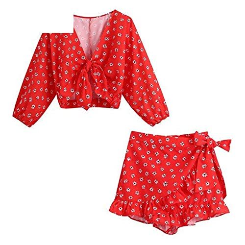 V Neck Knotted Floral Print Short Shirt Lady Lantern Sleeve Blouse Chic Crop Top
