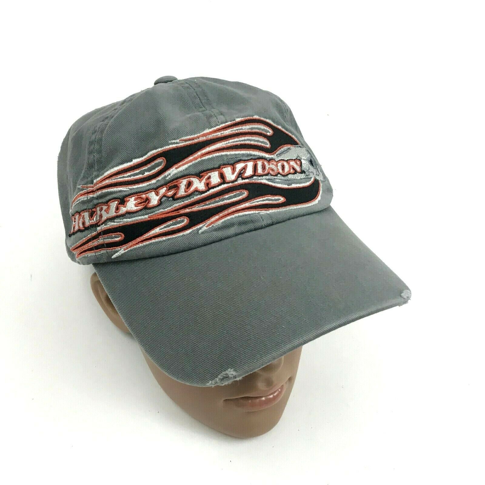 VINTAGE Harley Davidson Hat Cap Gray Fitted Size Medium Distressed Skull Flames Hats