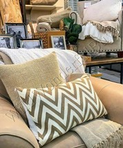 Pottery Barn Chevron Lumbar Pillow Cover Taupe 16x26L Crewel Embroidered New - $49.50