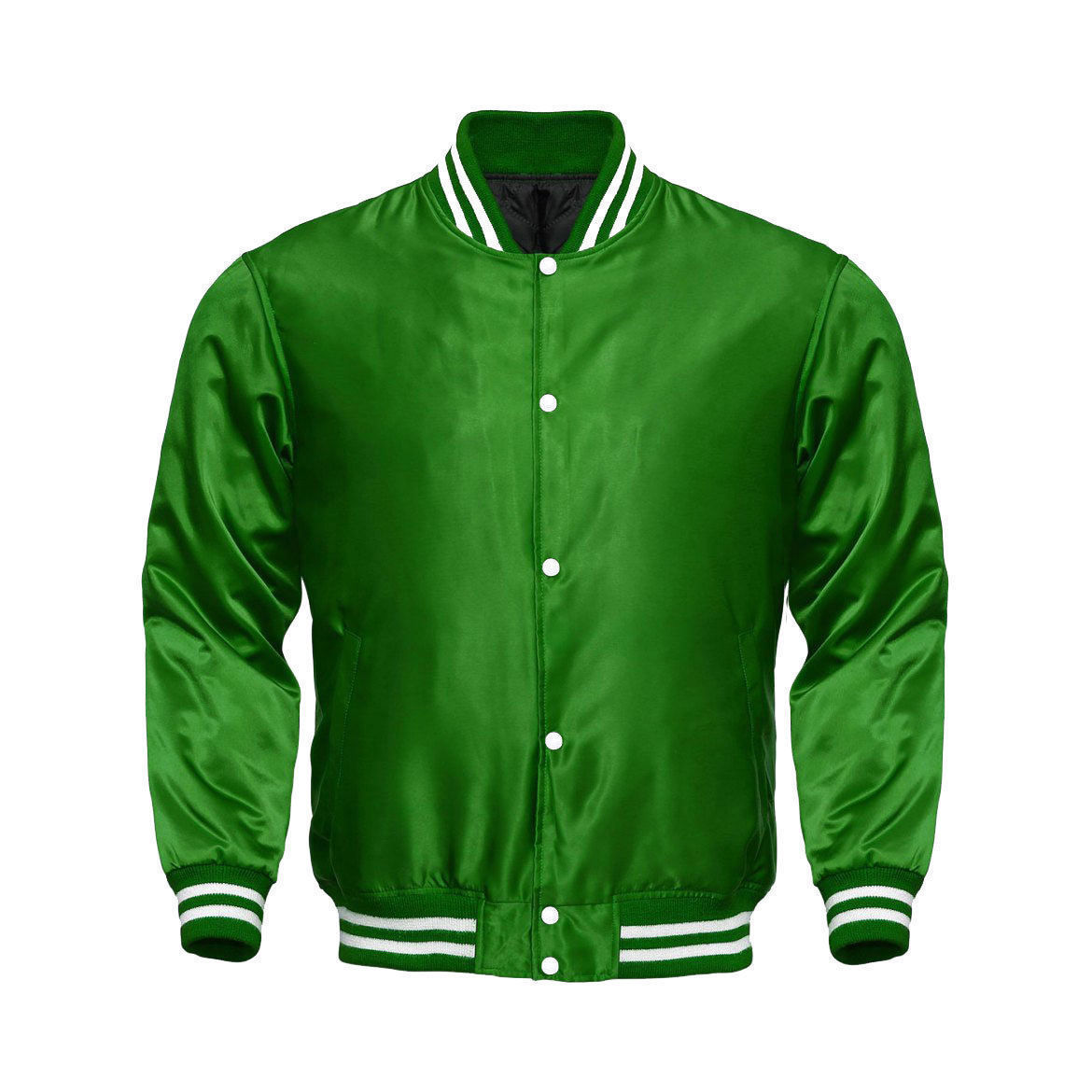 GREEN SATIN Varsity Letterman Bomber BASEBALL Jacket* GREEN & WHITE RIB ...