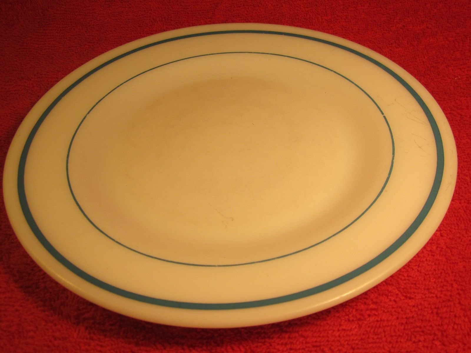 Primary image for Vintage FIRE KING 9" Dinner Plate WHITE with blue rings bands [Z184]