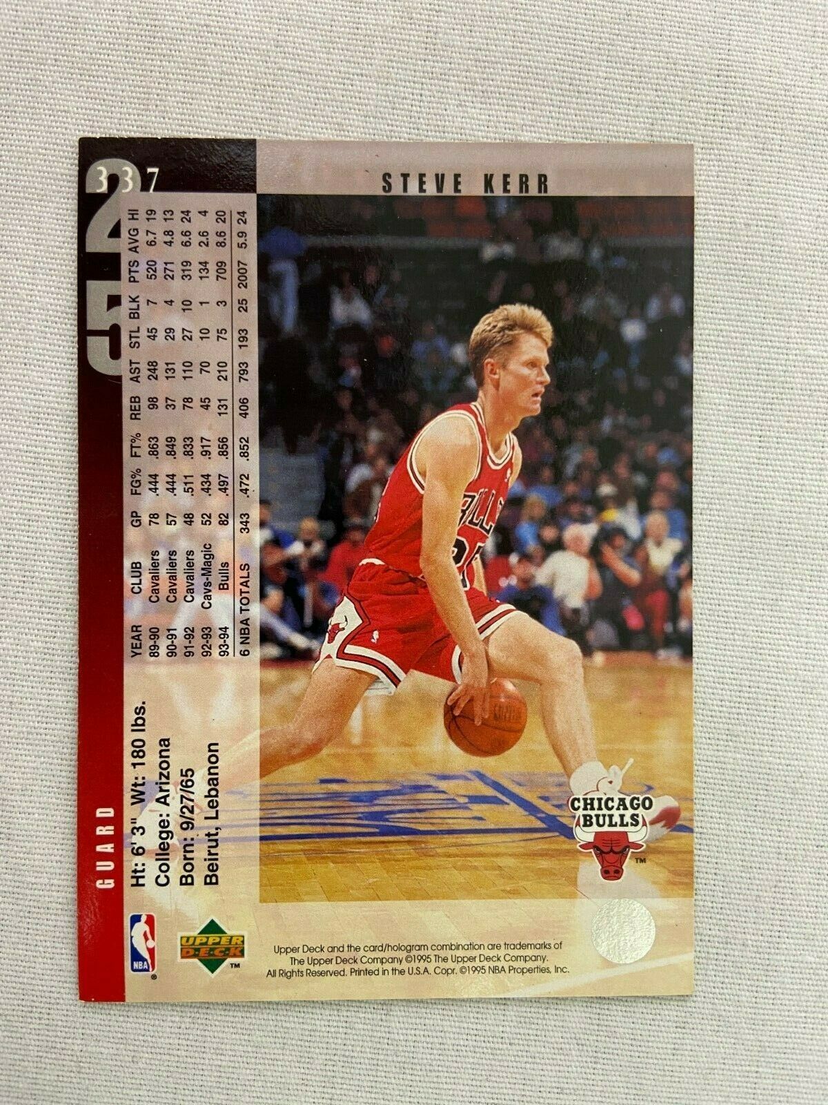 Steve Kerr Chicago Bulls 1995 Upper Deck Basketball Card Number 337