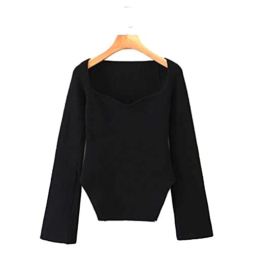 Sexy Square Collar Solid Knitting Casual Slim Sweater Female Long Sleeve Side Sp