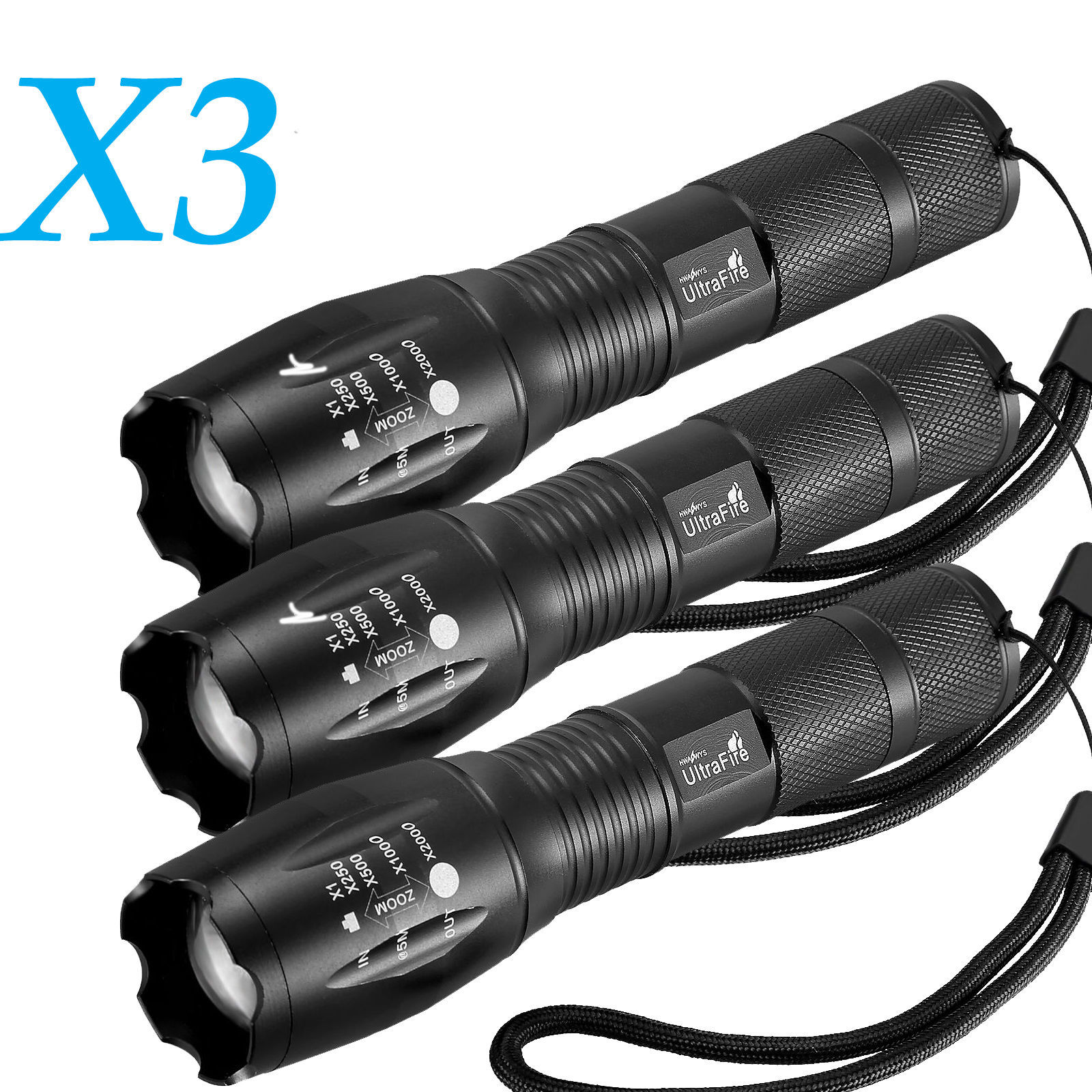3 x Tactical 18650 Flashlight Ultrafire T6 High Powered 5Modes Zoomable