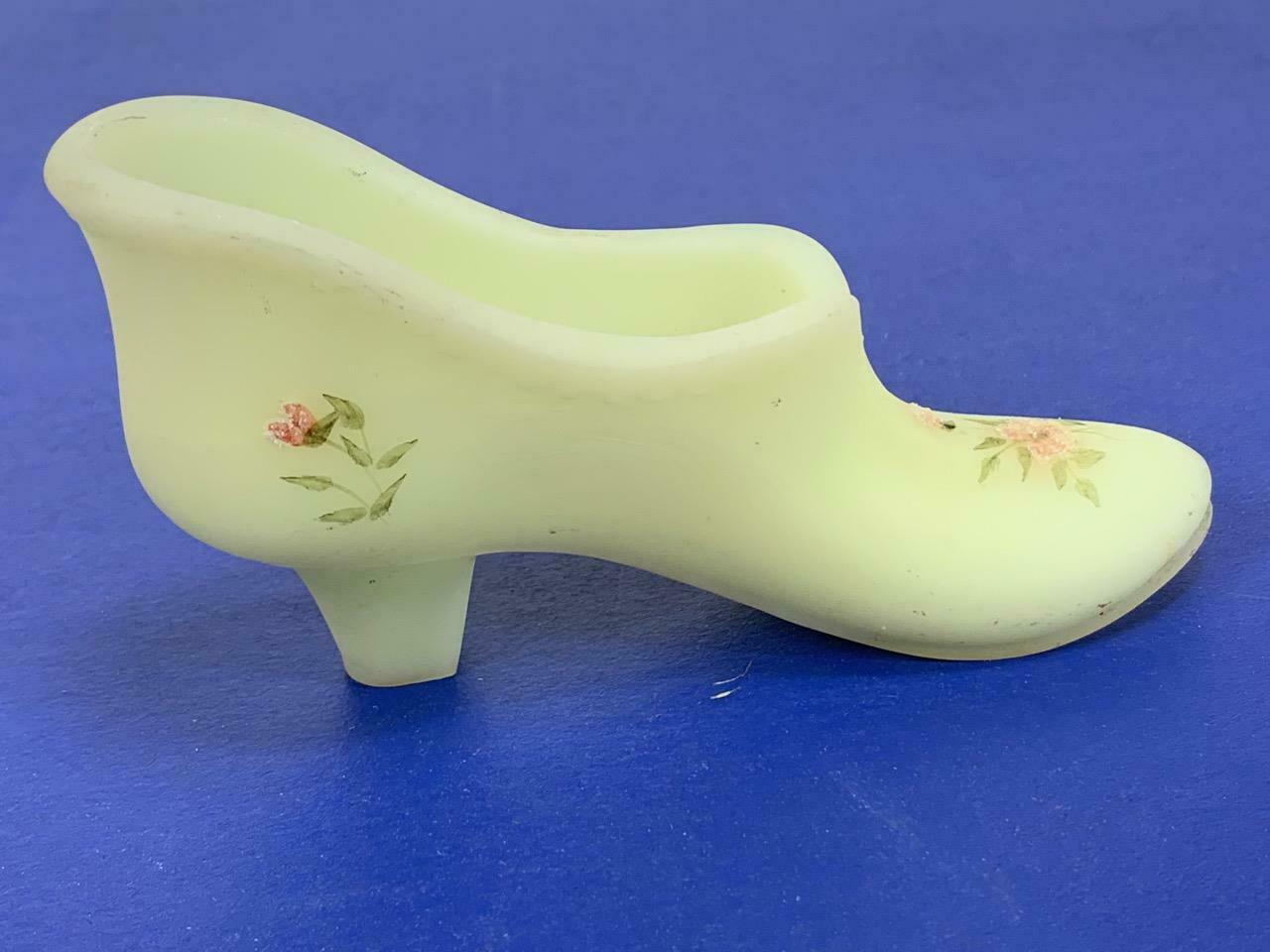 Fenton, Slipper / Shoe, Custard Satin Glass, "Pink Roses On Custard" 4.
