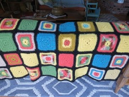 Vintage AFGHAN Colorful Boho Hand Made Crochet Granny Square Lap Blanket... - $23.76