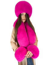 Fox Fur Stole 55' + Beanie Fur Hat & Wristbands Saga Furs Fuschia Pink Color Set image 3