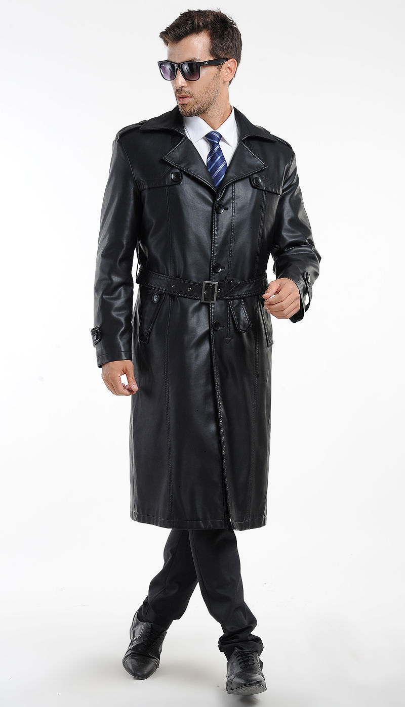 Image of MEN LEATHER COAT WINTER LONG LEATHER COAT GENUINE REAL LEATHER TRENCH COAT-UK46