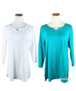 Karen Scott Women's V-Neck 3/4 Sleeve Studded Pullover Tops M or L, White Teal - $12.99