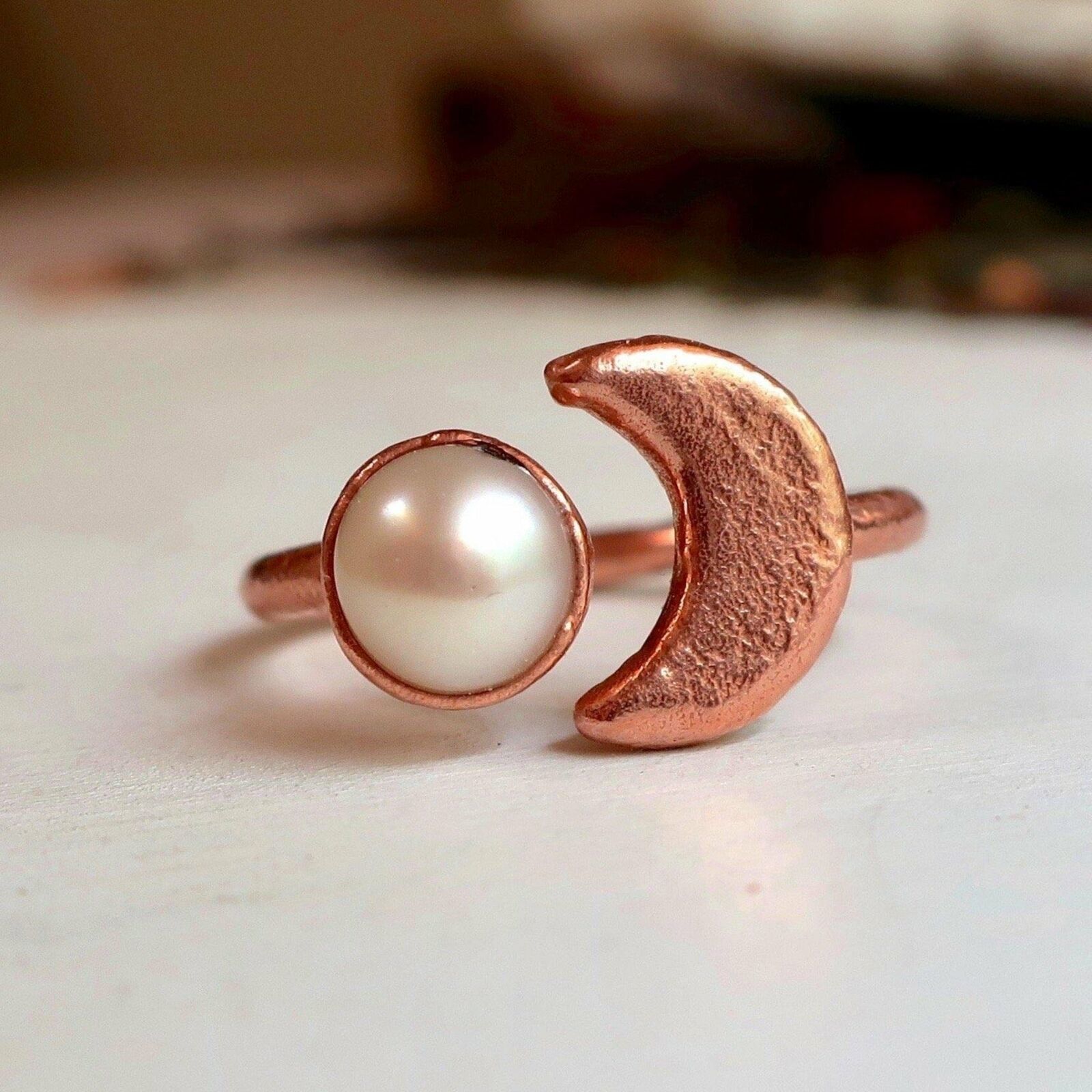 Pearl and Copper Moon Eclipse Ring | Pearl Birthstone Copper Jewelry | Electrofo