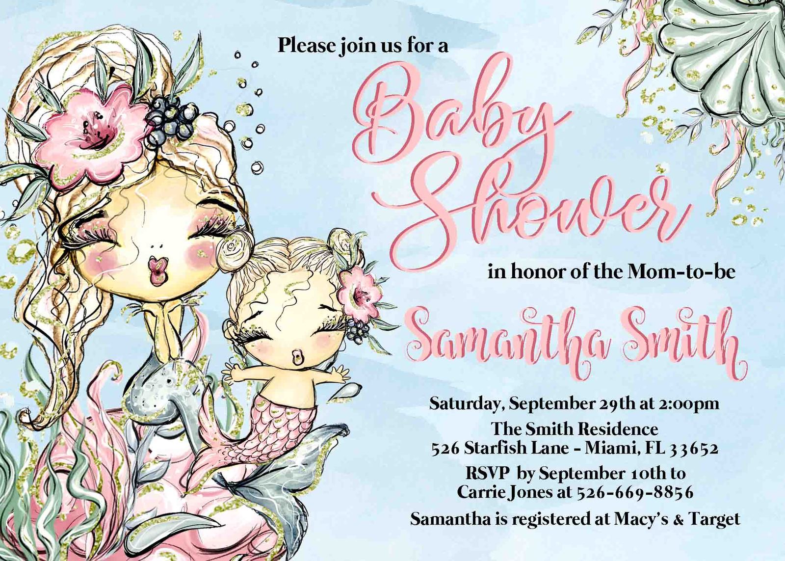 Mermaid Baby Shower Invitation Watercolor Mermaid Invite Under the Sea